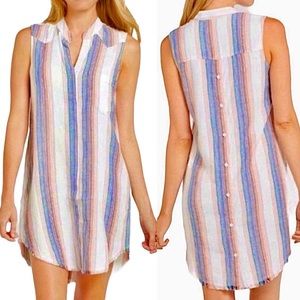 Cloth & Stone Anthropologie Linen Dress Medium Raw Hem Rainbow Stripe Button Up